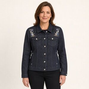 Chico's Platinum Denim Jacket Women's Size 1 Dark Wash Jeweled Rhinestone M